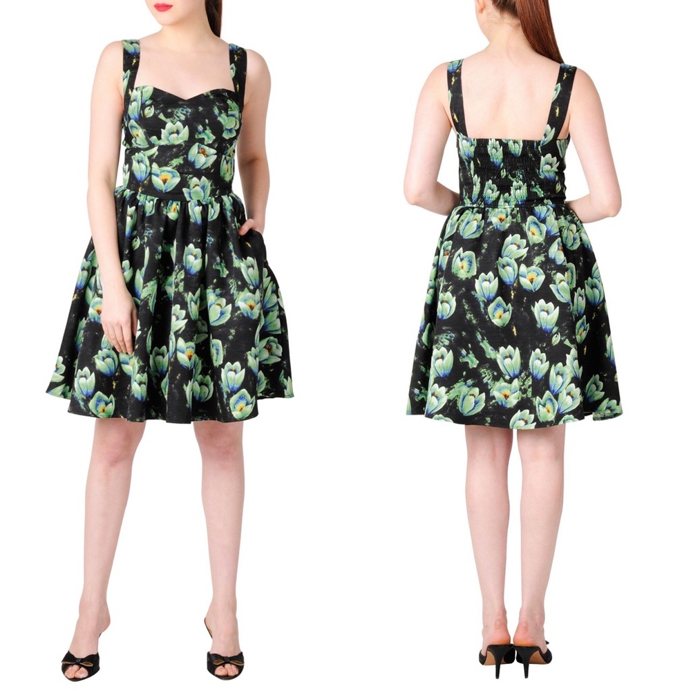 eShakti Her Fifties Floral Print Sleeveless Dress